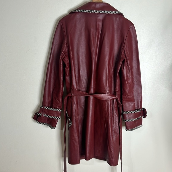 Vtg Spiegel Womens Houndstooth Trim Genuine Leather Overcoat size 12 Crimson - Picture 10 of 11